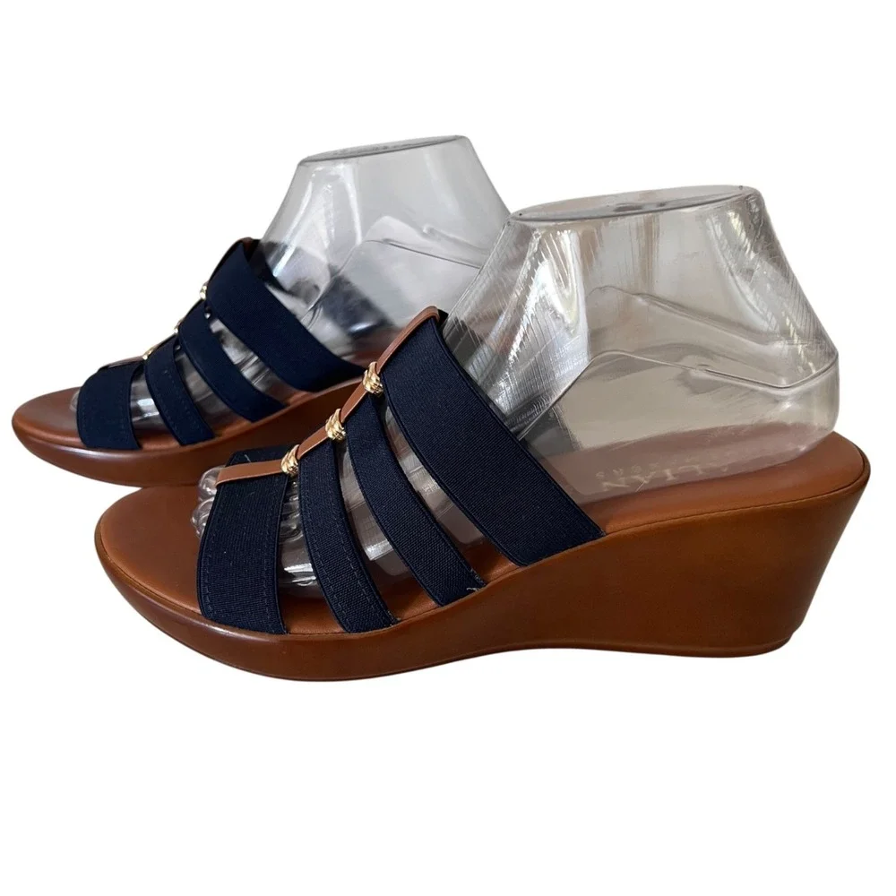 Italian Shoemakers Wedge Sandals Blue Elastic Straps Womens 9M Made‎ in Italy